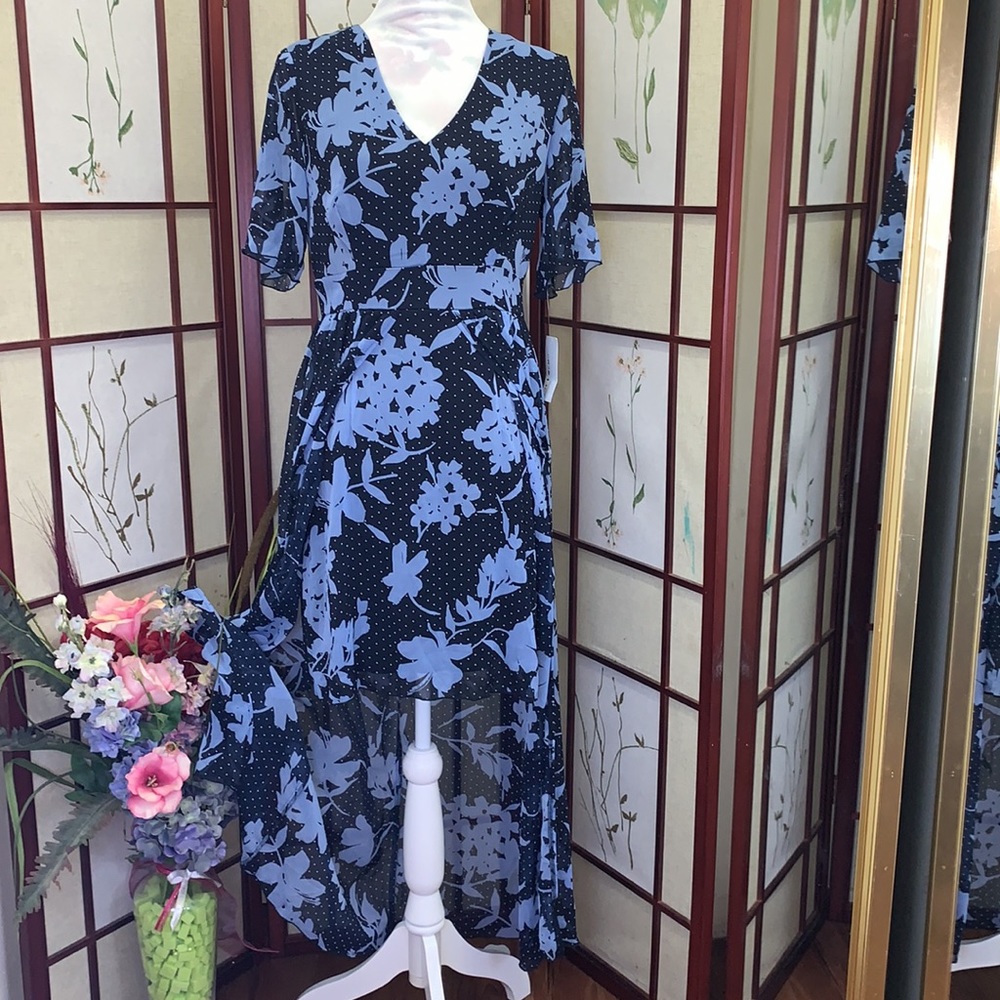 Enfocus Studio Black and Light Blue Floral Asymmetrical Dress